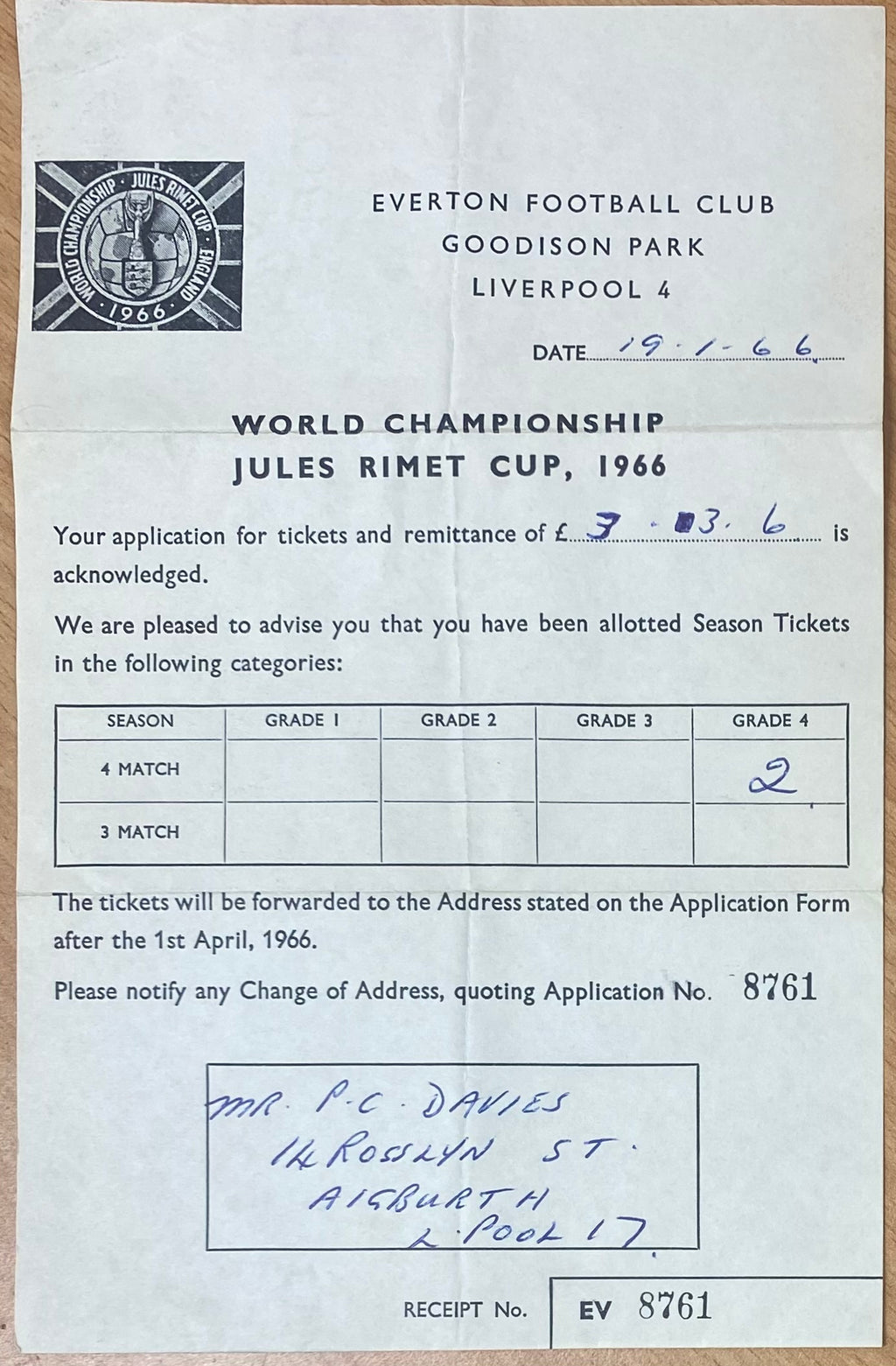 1966 WORLD CUP ORIGINAL OFFICIAL LETTER (TICKET SALES) FOR 4 MATCH TICKETS AT GOODISON PARK