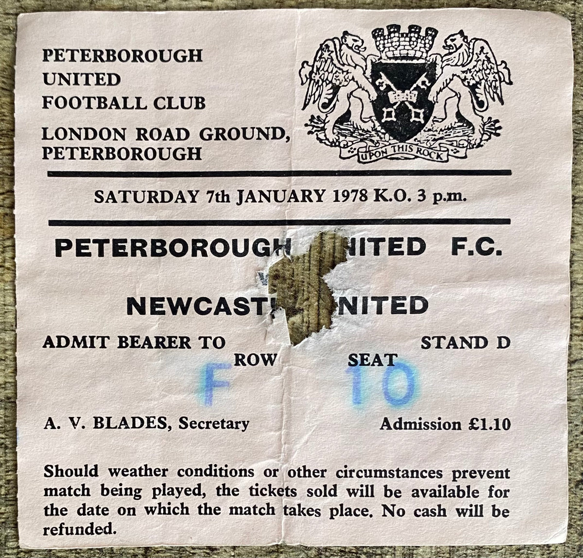 1977/78 ORIGINAL FA CUP 3RD ROUND TICKET PETERBOROUGH UNITED V NEWCASTLE UNITED