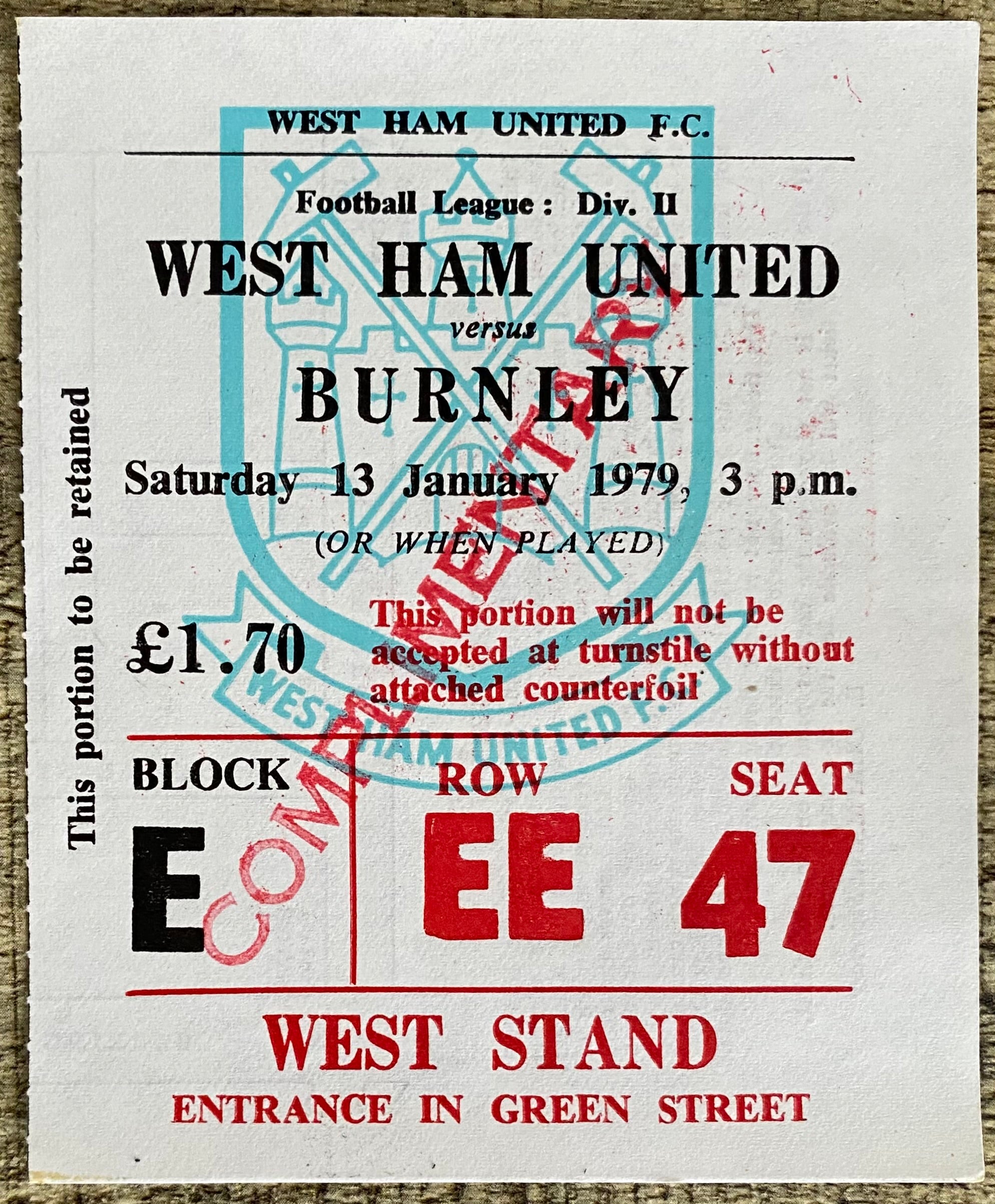 1978/79 ORIGINAL DIVISION 2 TICKET WEST HAM UNITED V BURNLEY