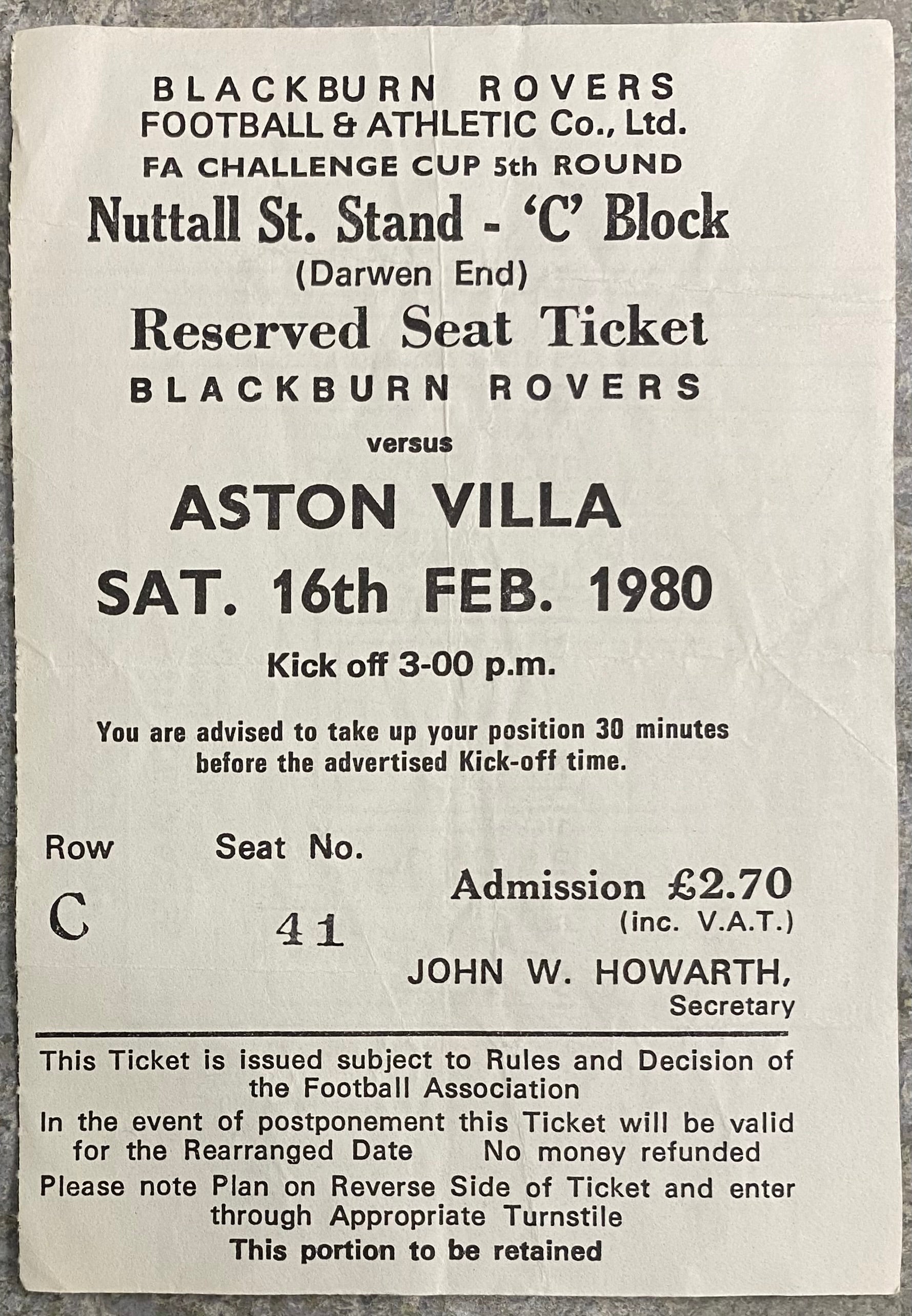 1979/80 ORIGINAL FA CUP 5TH ROUND TICKET BLACKBURN ROVERS V ASTON VILLA