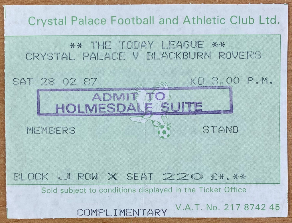 1986/87 ORIGINAL DIVISION 2 TICKET CRYSTAL PALACE V BLACKBURN ROVERS
