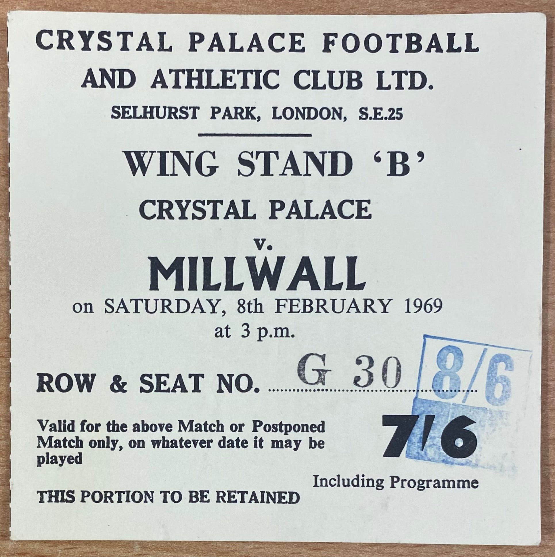 1968/69 ORIGINAL DIVISION 2 TICKET CRYSTAL PALACE V MILLWALL