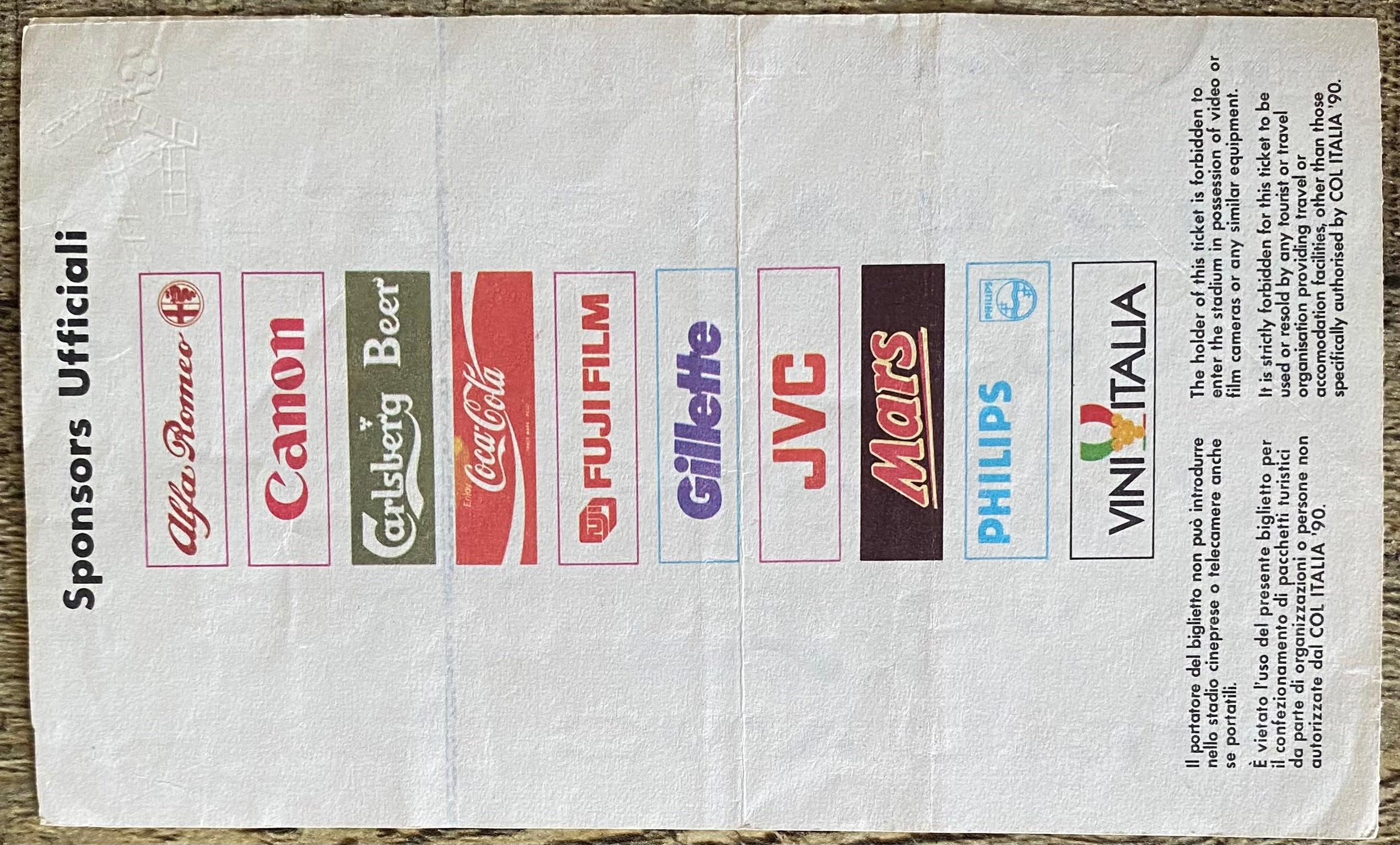 1990 ORIGINAL WORLD CUP 1ST ROUND TICKET BELGIUM V URUGUAY @ VERONA