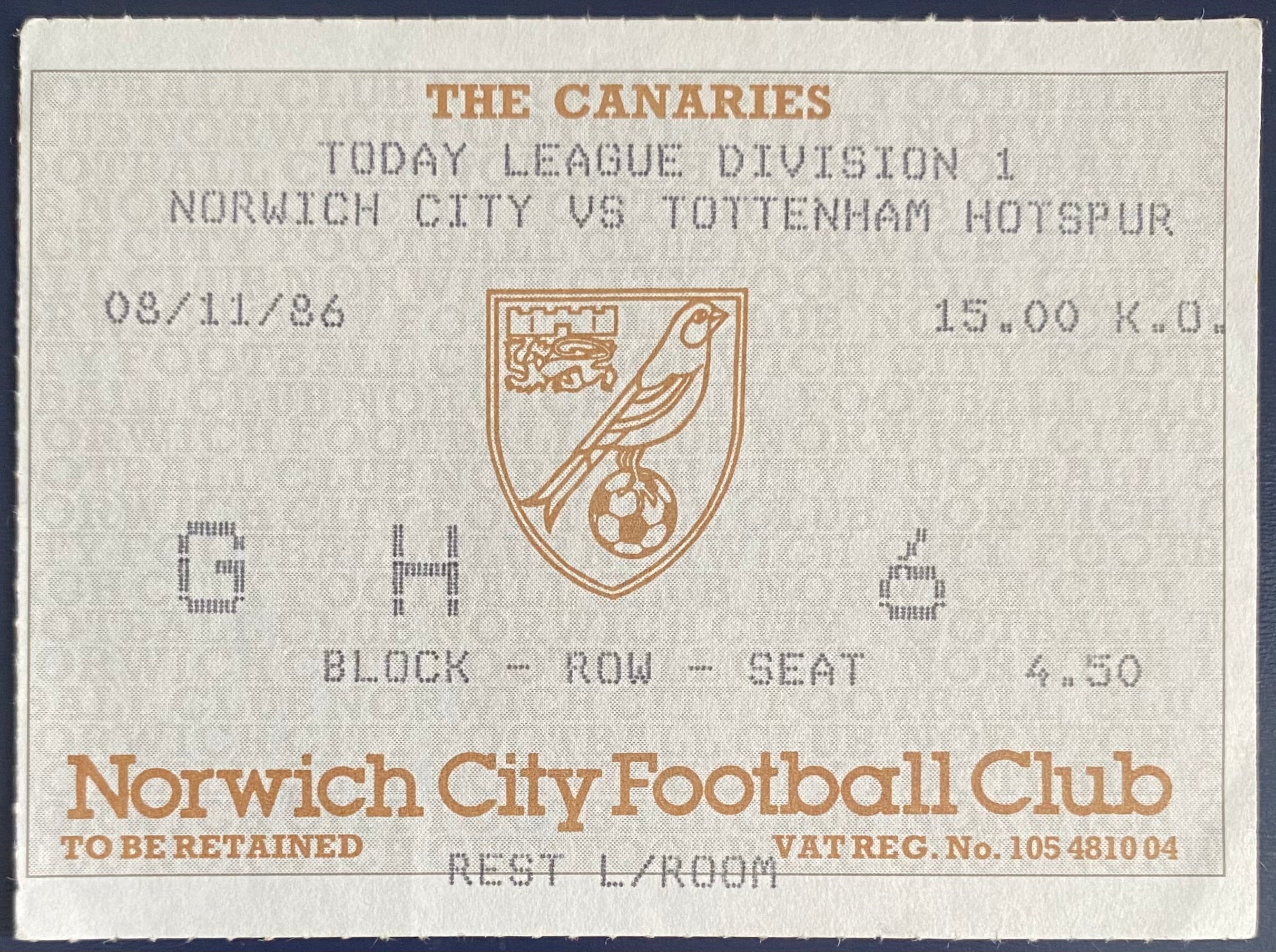 1986/87 ORIGINAL DIVISION 1 TICKET NORWICH CITY V TOTTENHAM HOTSPUR