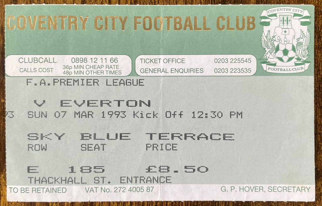1992/93 ORIGINAL FA PREMIER LEAGUE TICKET COVENTRY CITY V EVERTON