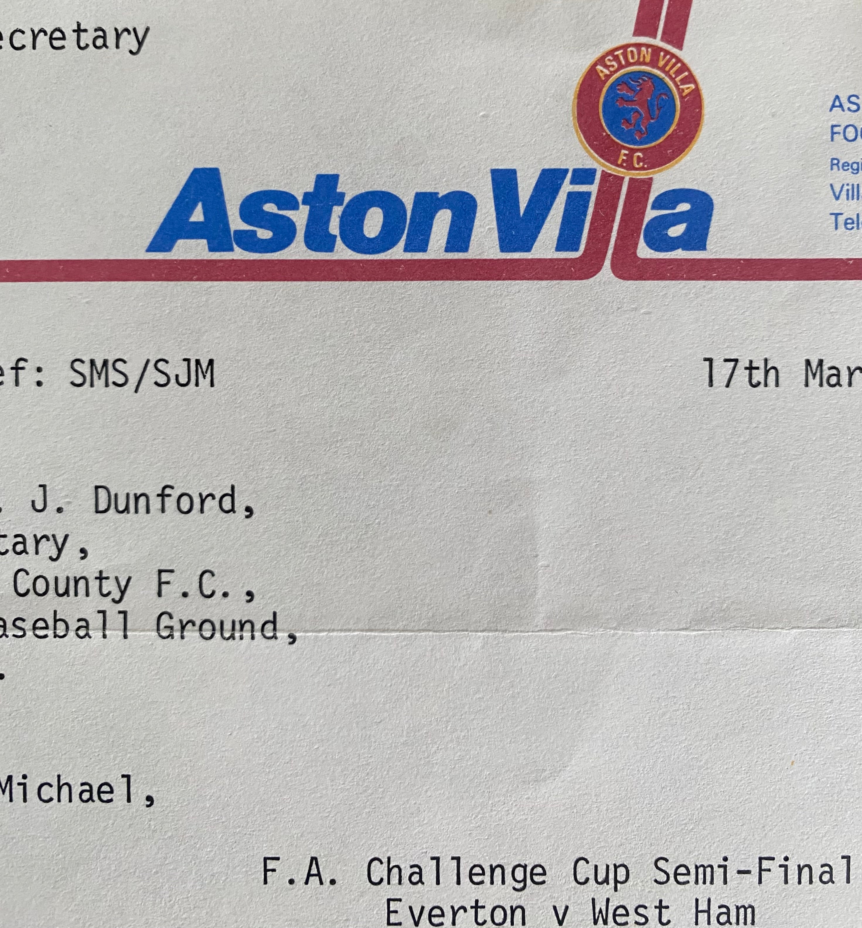 1980 ORIGINAL OFFICIAL ASTON VILLA LETTER TO DERBY COUNTY SECRETARY