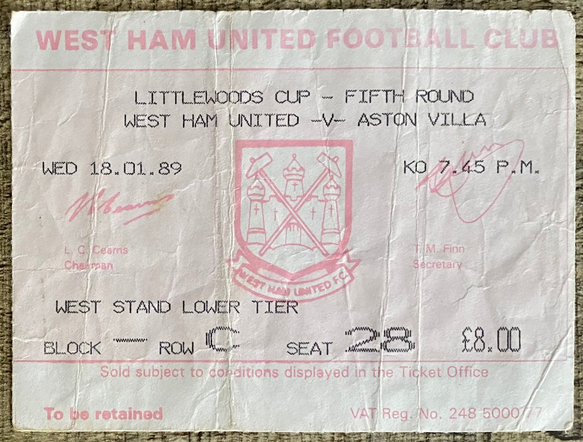 1988/89 ORIGINAL LITTLEWOODS CUP 5TH ROUND TICKET WEST HAM UNITED V ASTON VILLA