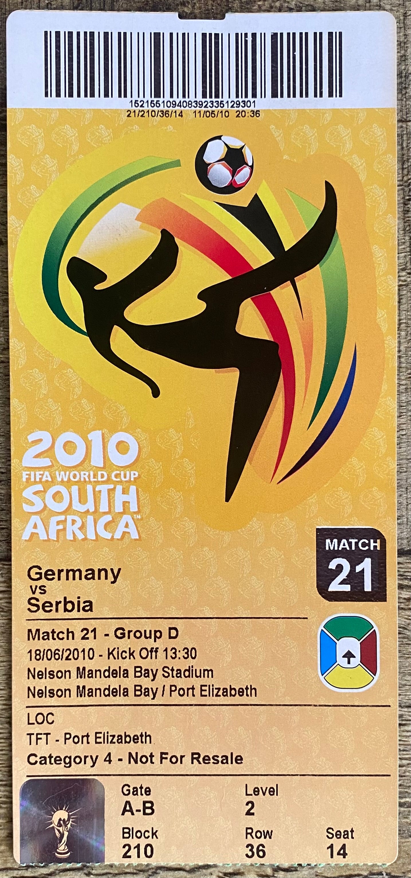 2010 ORIGINAL WORLD CUP 1ST ROUND TICKET GERMANY V SERBIA @ PORT ELIZABETH