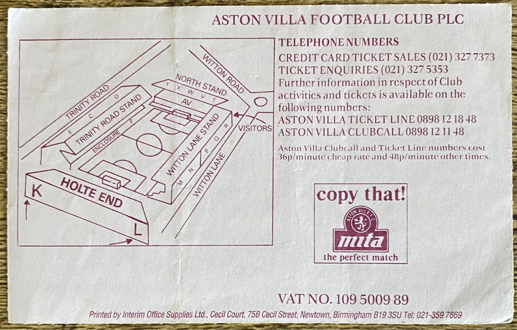 1993/94 ORIGINAL UEFA CUP 1ST ROUND 2ND LEG TICKET ASTON VILLA V SLOVAN BRATISLAVA