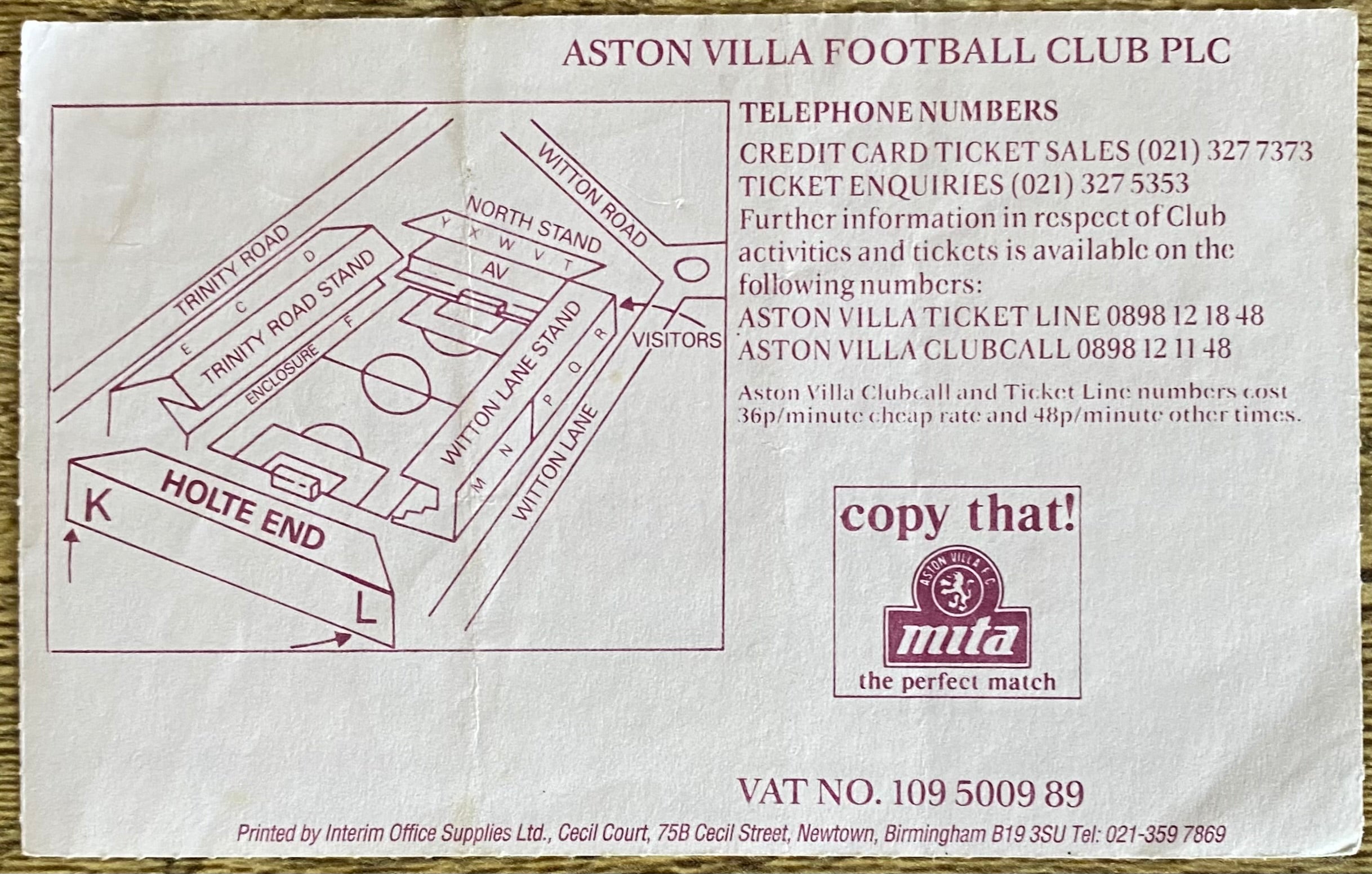 1993/94 ORIGINAL UEFA CUP 1ST ROUND 2ND LEG TICKET ASTON VILLA V SLOVAN BRATISLAVA