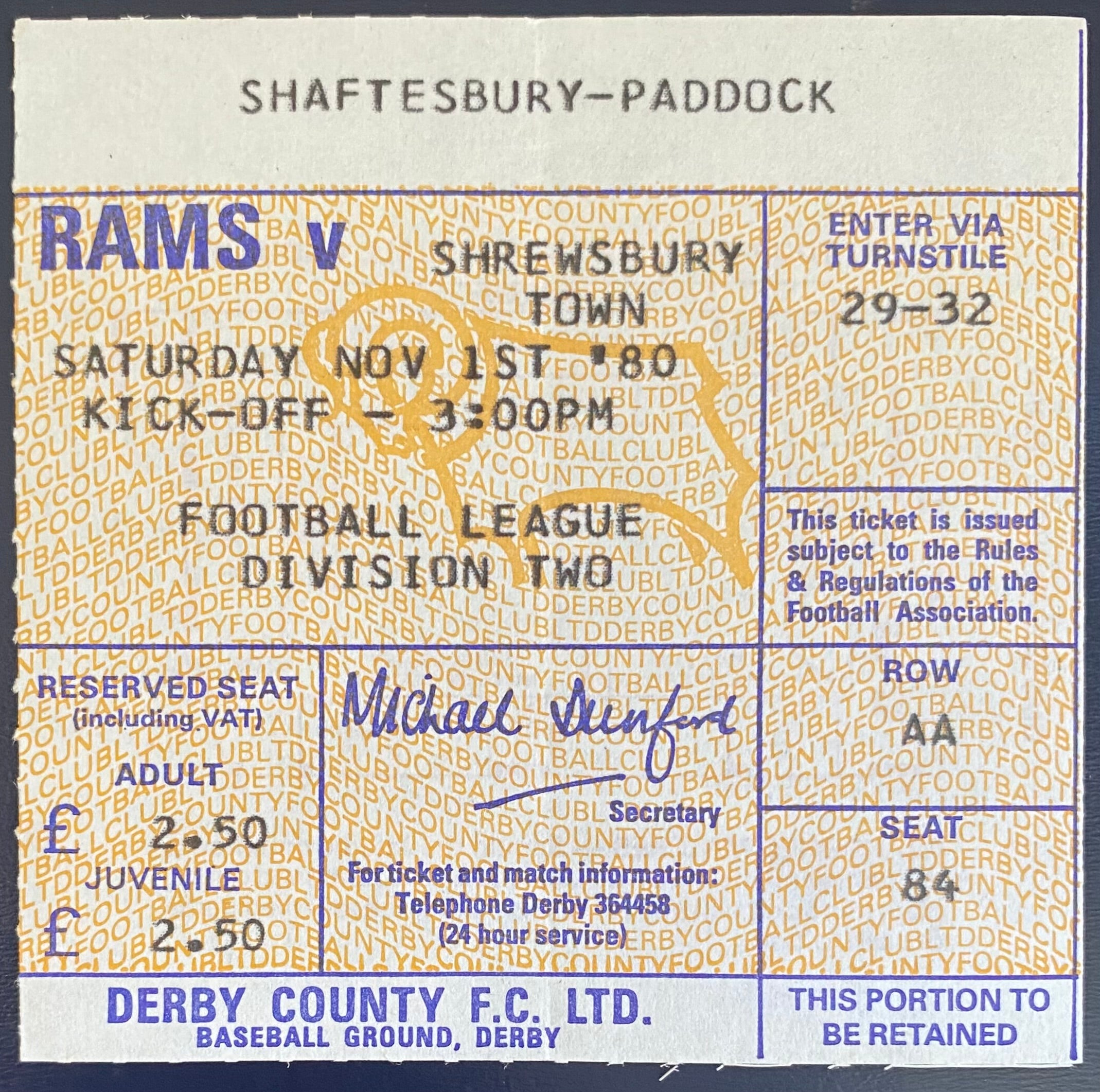 1980/81 ORIGINAL DIVISION 2 TICKET DERBY COUNTY V SHREWSBURY TOWN