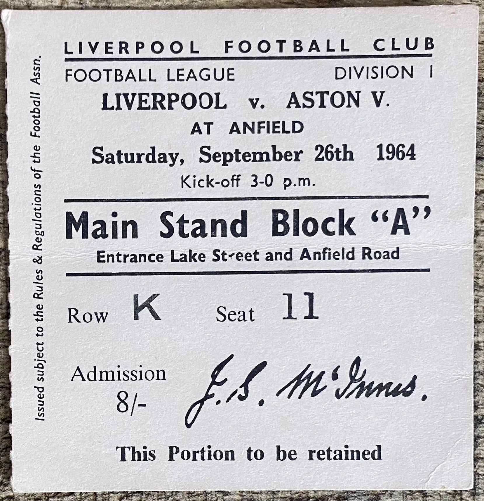 1964/65 ORIGINAL DIVISION ONE TICKET LIVERPOOL V ASTON VILLA