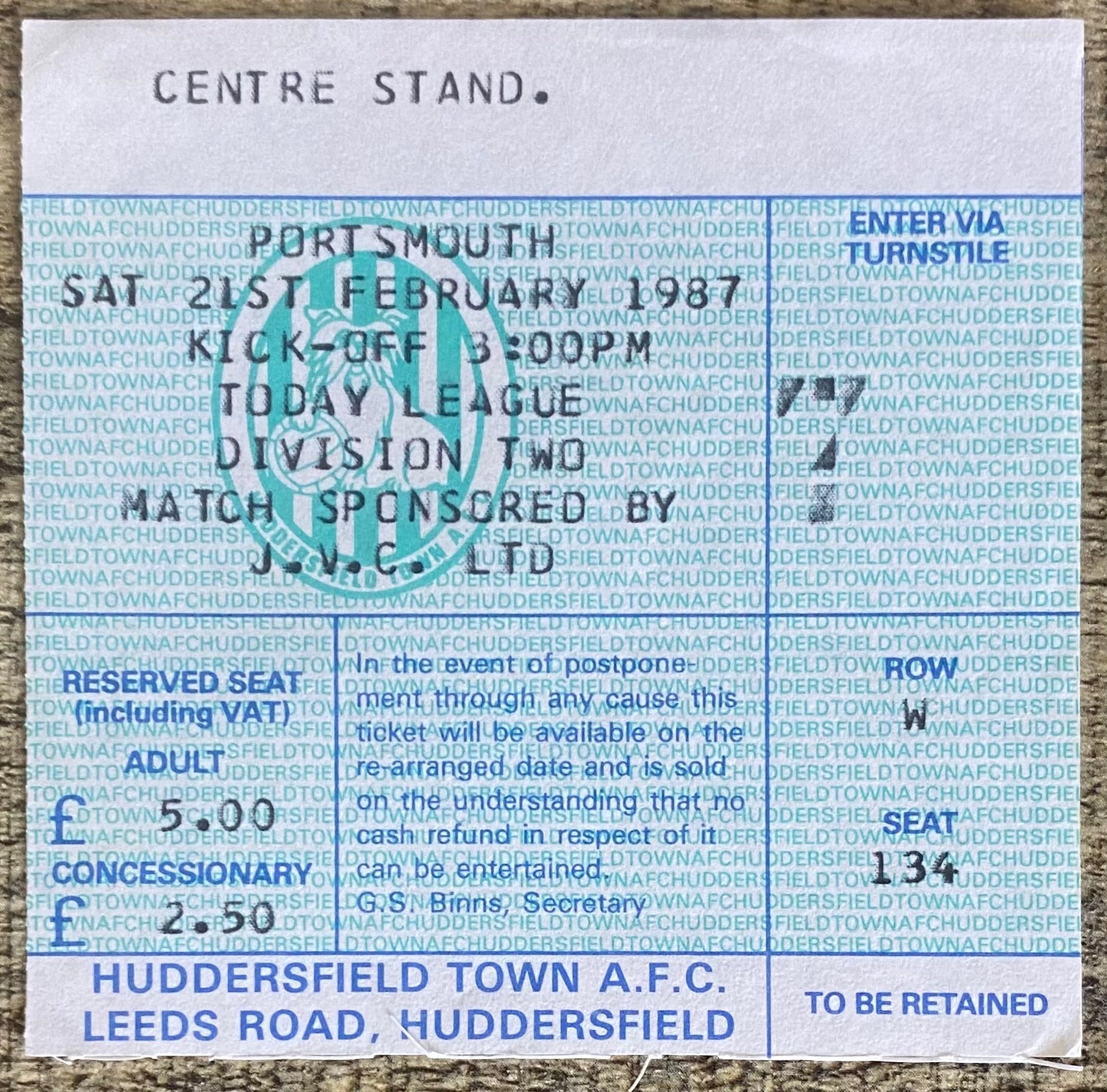 1986/87 ORIGINAL DIVISION 2 TICKET HUDDERSFIELD TOWN V PORTSMOUTH