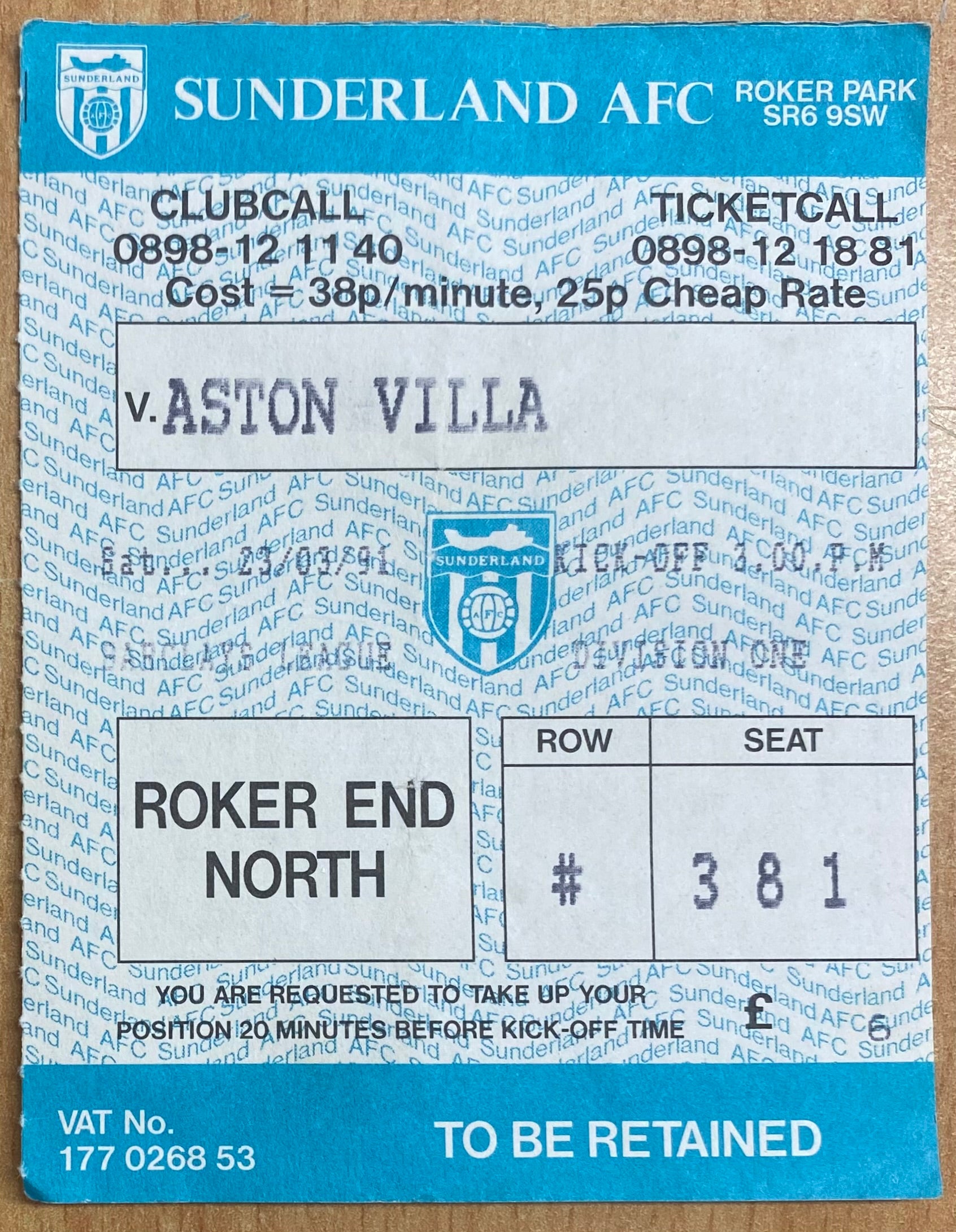 1990/91 ORIGINAL DIVISION 1 TICKET SUNDERLAND V ASTON VILLA
