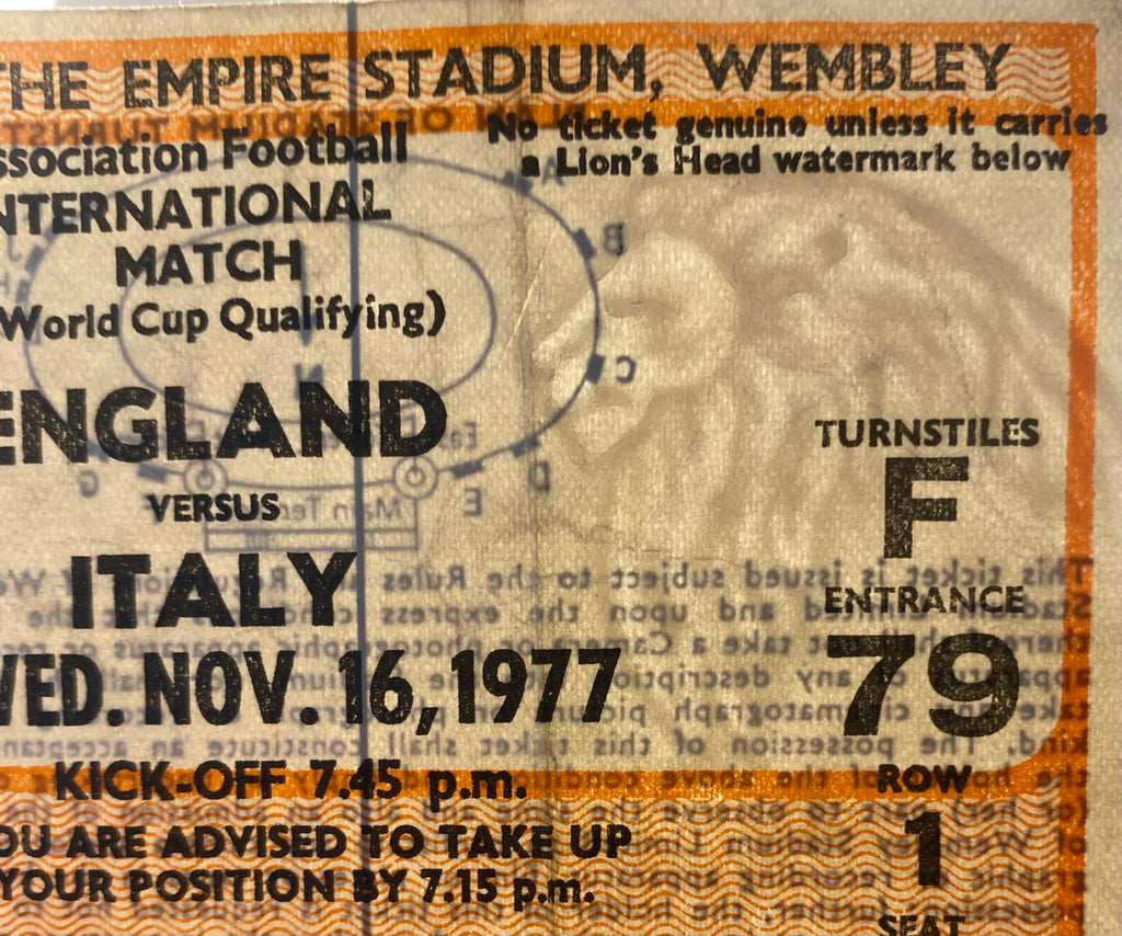 1977 ORIGINAL WORLD CUP QUALIFYING TICKET ENGLAND V ITALY