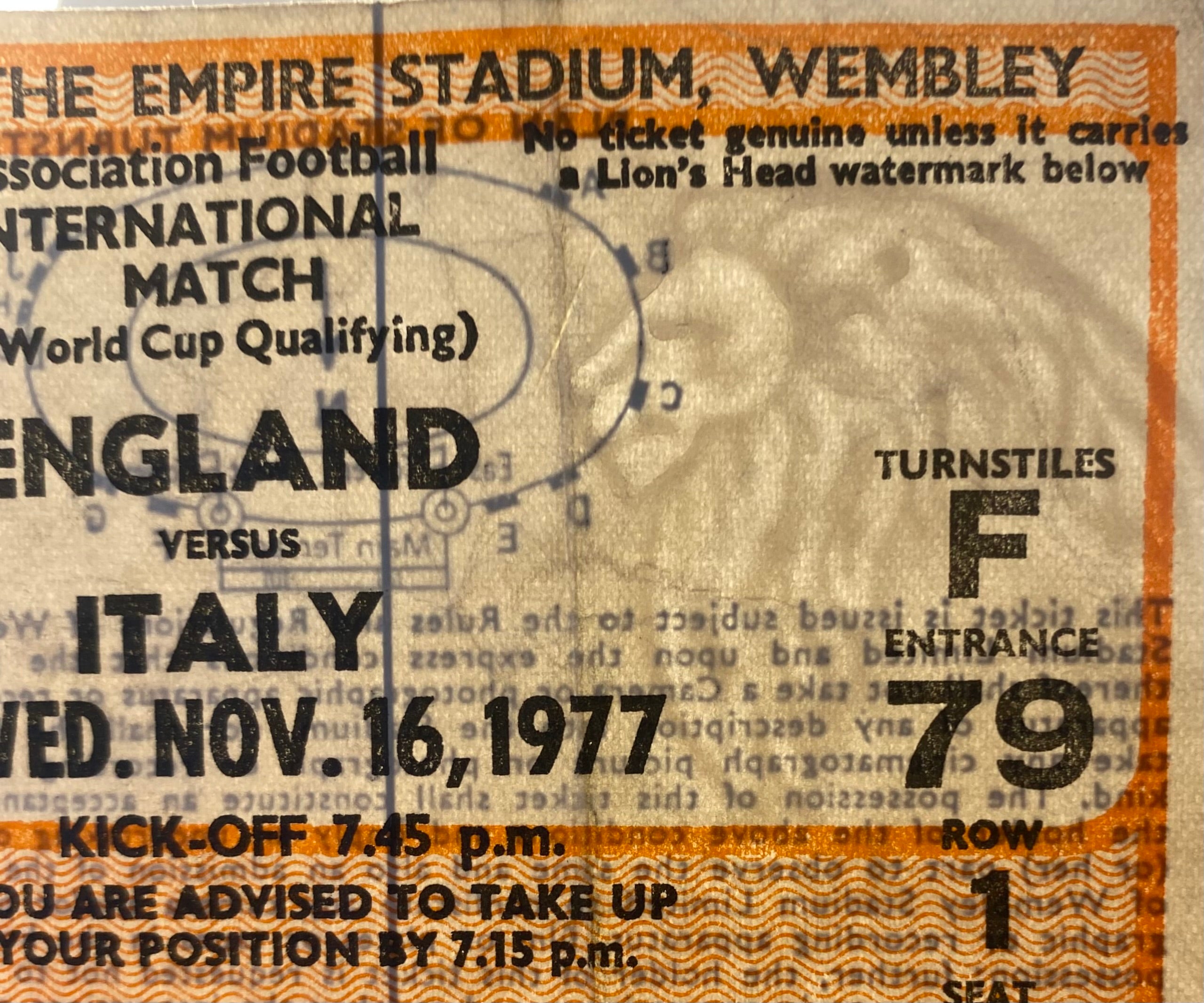 1977 ORIGINAL WORLD CUP QUALIFYING TICKET ENGLAND V ITALY