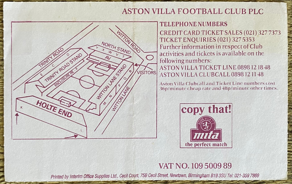 1992/93 ORIGINAL PREMIER LEAGUE TICKET ASTON VILLA V WIMBLEDON