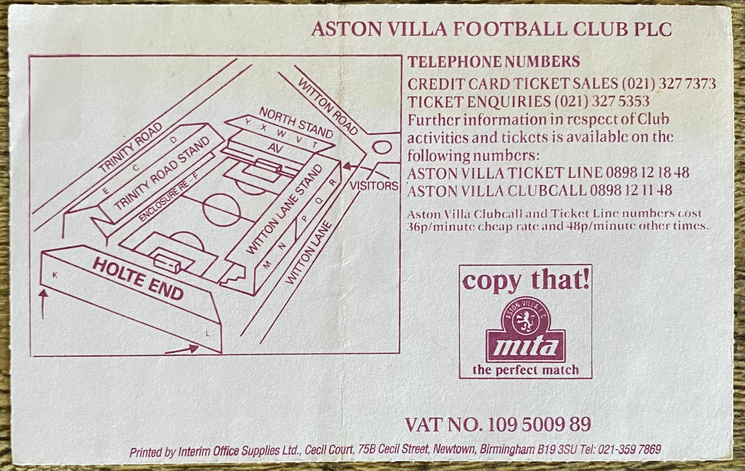 1992/93 ORIGINAL PREMIER LEAGUE TICKET ASTON VILLA V WIMBLEDON