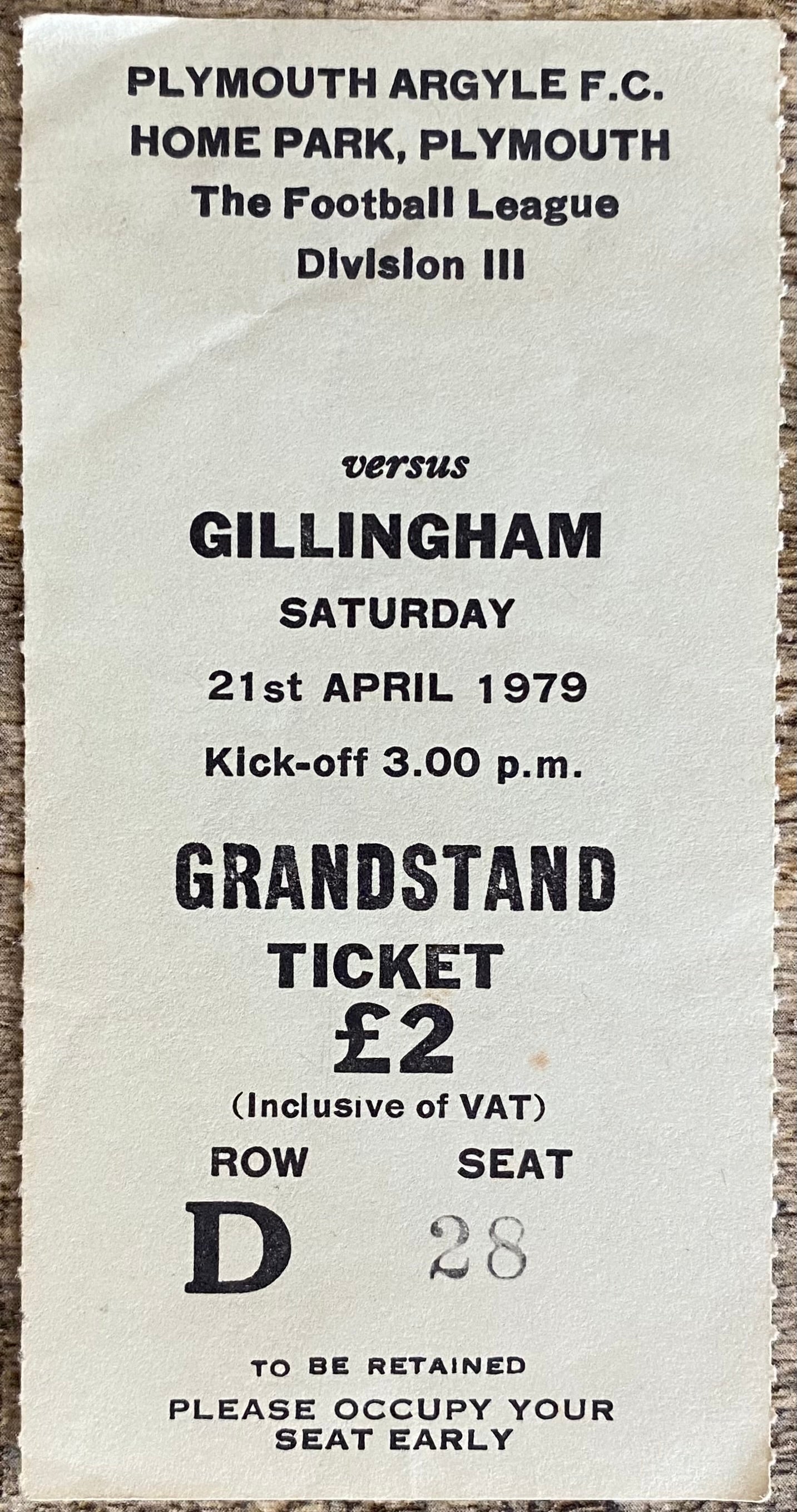 1978/79  ORIGINAL DIVISION 3 TICKET PLYMOUTH ARGYLE V GILLINGHAM