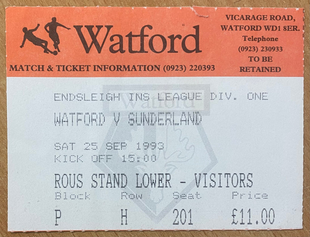 1993/94 ORIGINAL DIVISION 1 TICKET WATFORD V SUNDERLAND
