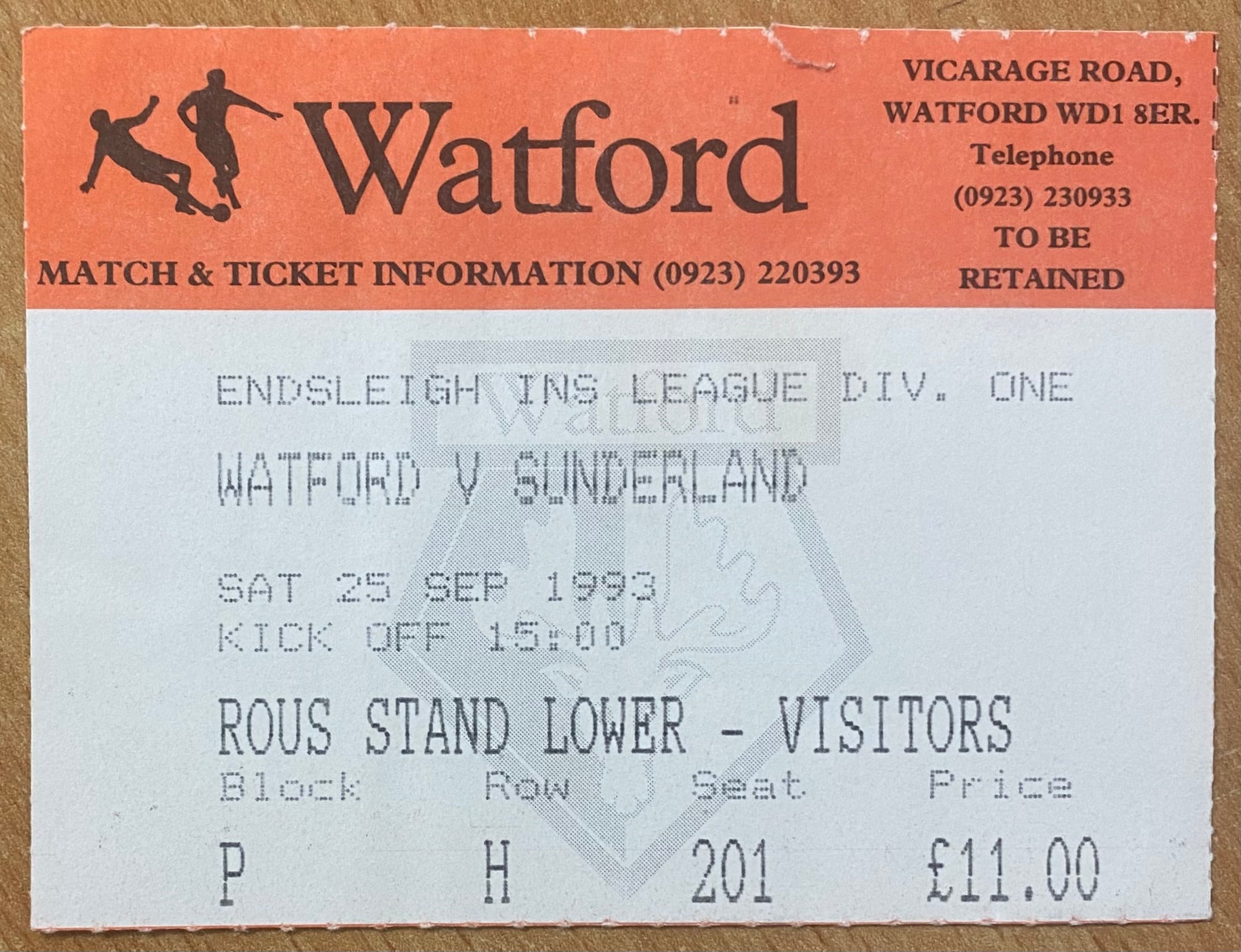 1993/94 ORIGINAL DIVISION 1 TICKET WATFORD V SUNDERLAND