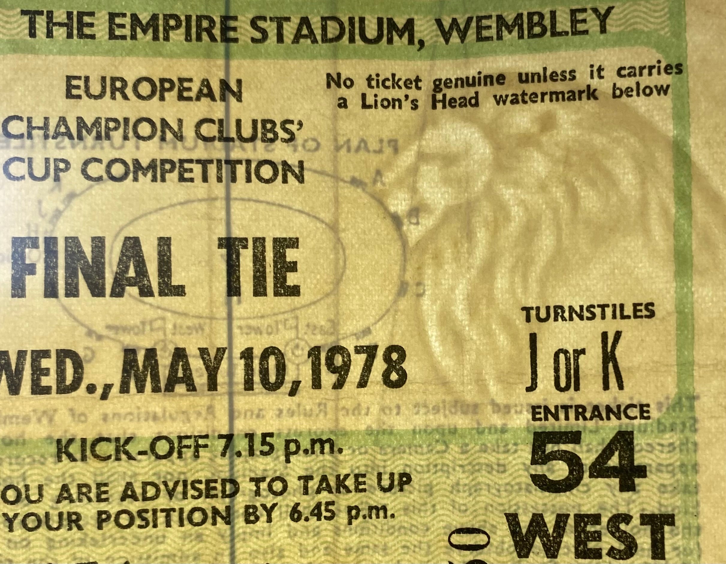 1978 ORIGINAL EUROPEAN CUP FINAL TICKET LIVERPOOL V FC BRUGES @ WEMBLEY