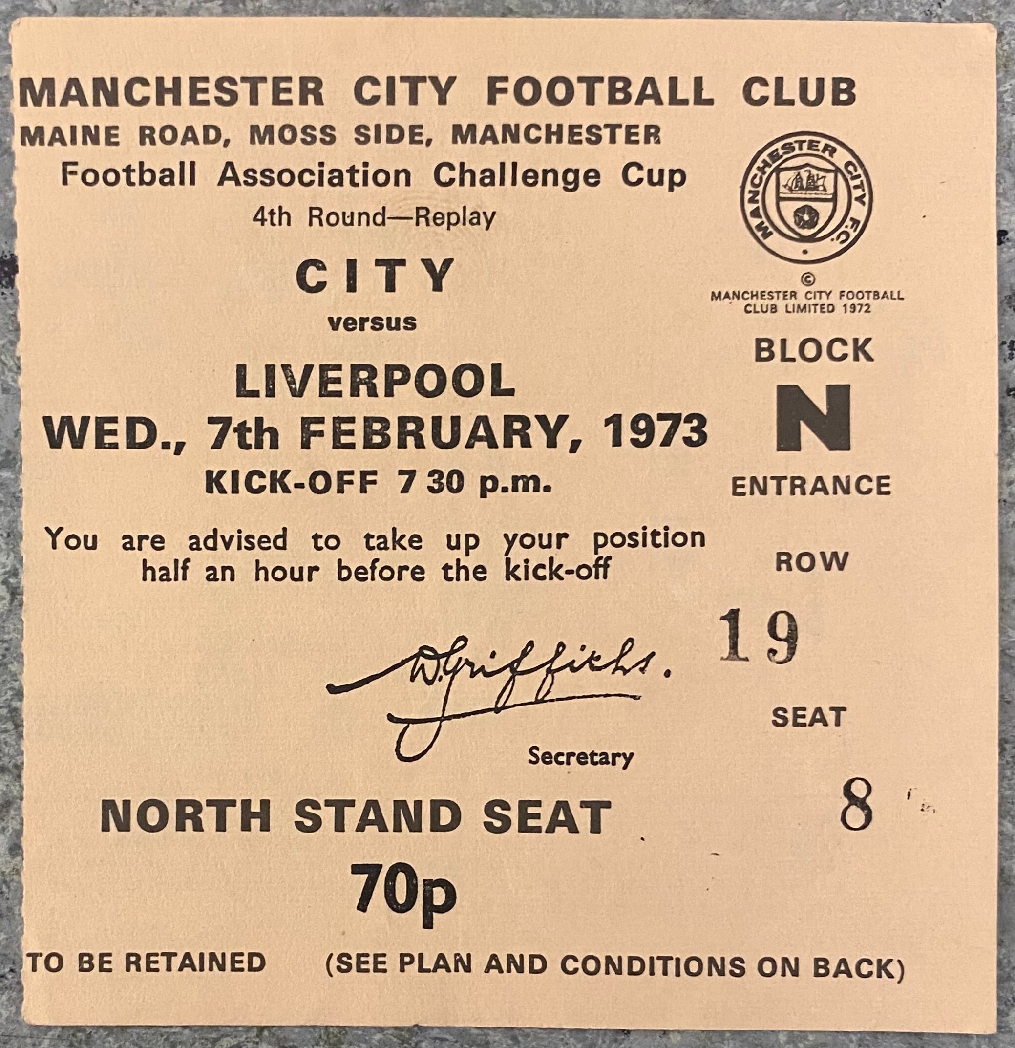 1972/73 ORIGINAL DIVISION 1 TICKET MANCHESTER CITY V LIVERPOOL