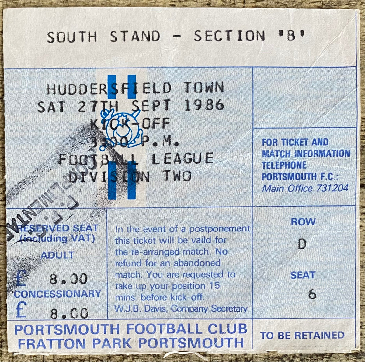 1986/87 ORIGINAL DIVISION 2 TICKET PORTSMOUTH V HUDDERSFIELD TOWN