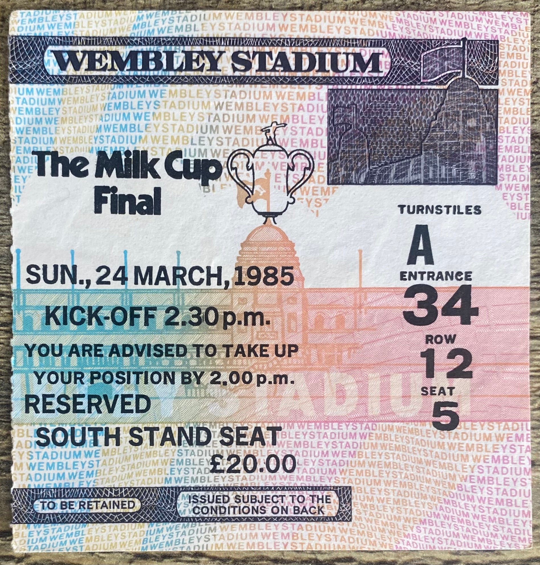 1985 ORIGINAL MILK CUP FINAL TICKET NORWICH V SUNDERLAND