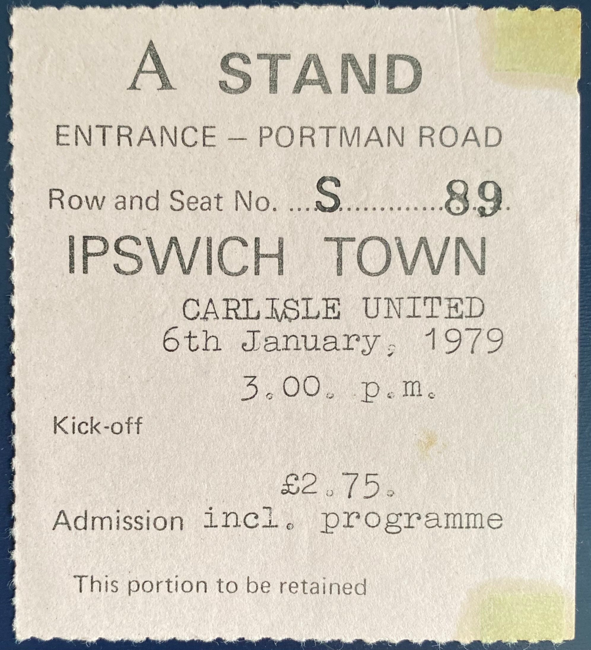 1978/79 ORIGINAL FA CUP 3RD ROUND TICKET IPSWICH TOWN V CARLISLE UNITED
