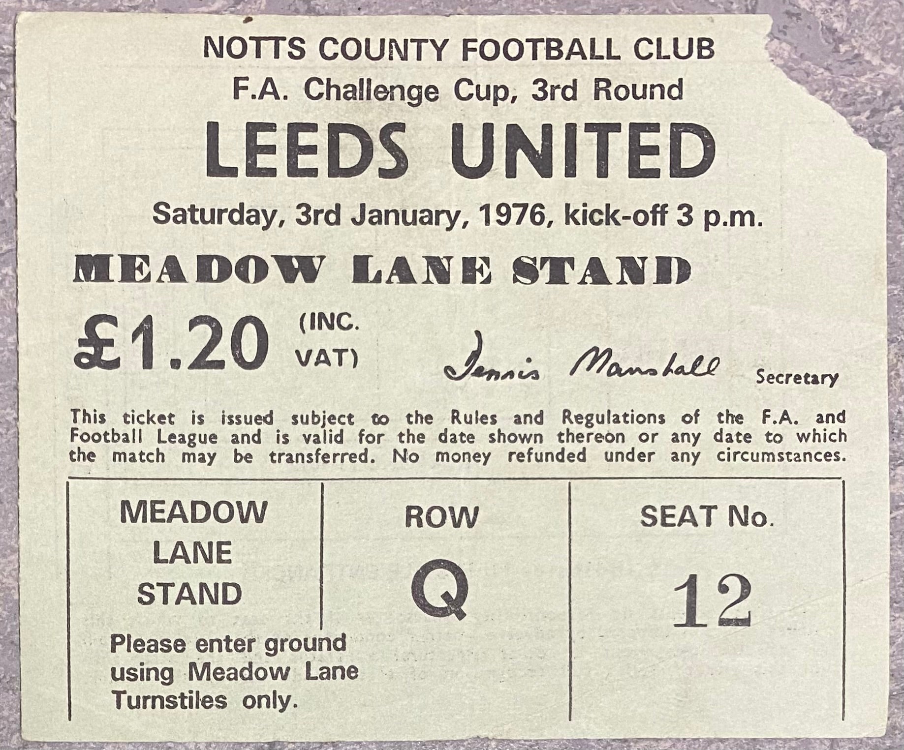 1975/76 ORIGINAL FA CUP 3RD ROUND TICKET NOTTS COUNTY V LEEDS UNITED