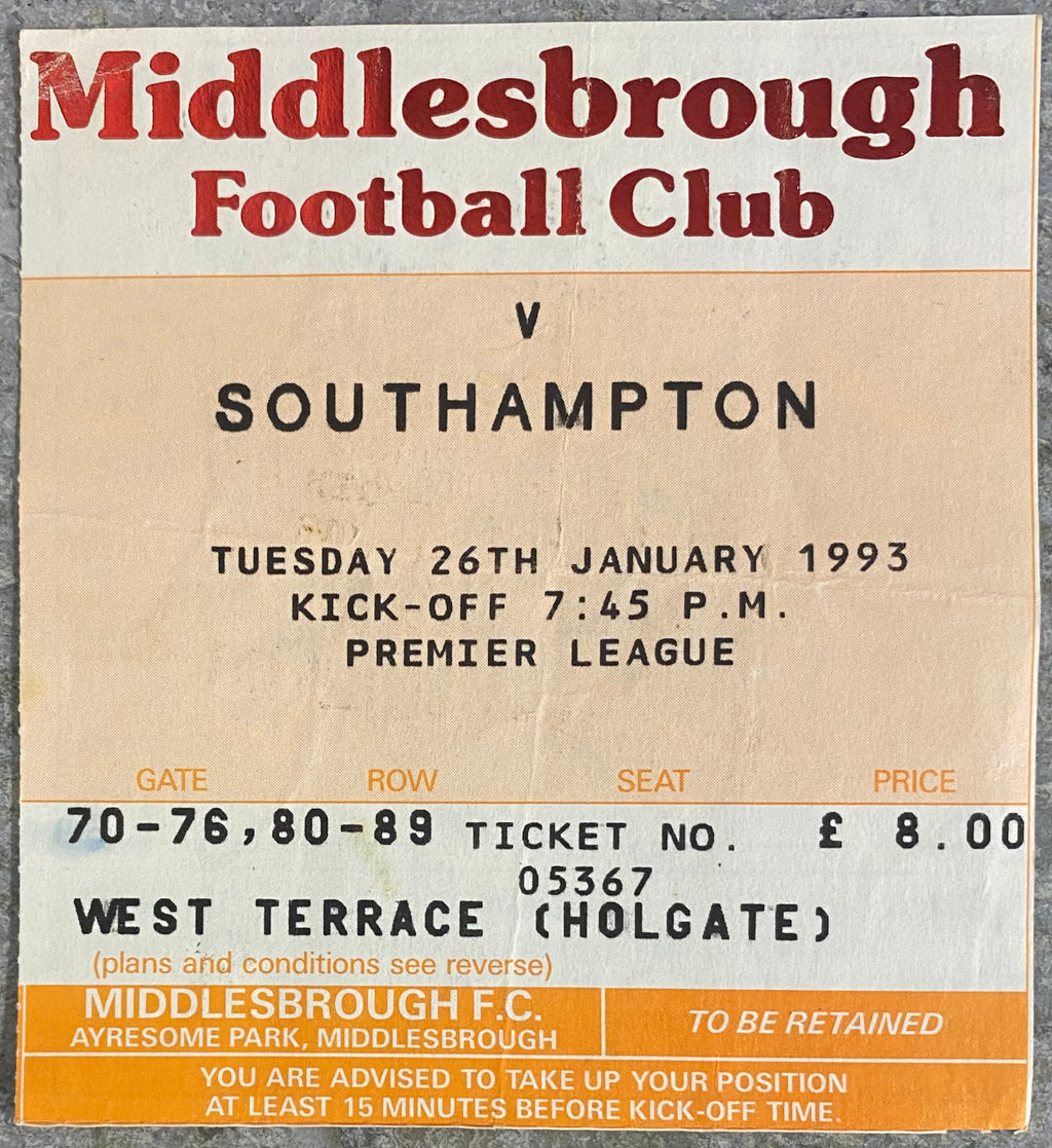 1992/93 ORIGINAL PREMIER LEAGUE TICKET MIDDLESBROUGH V SOUTHAMPTON