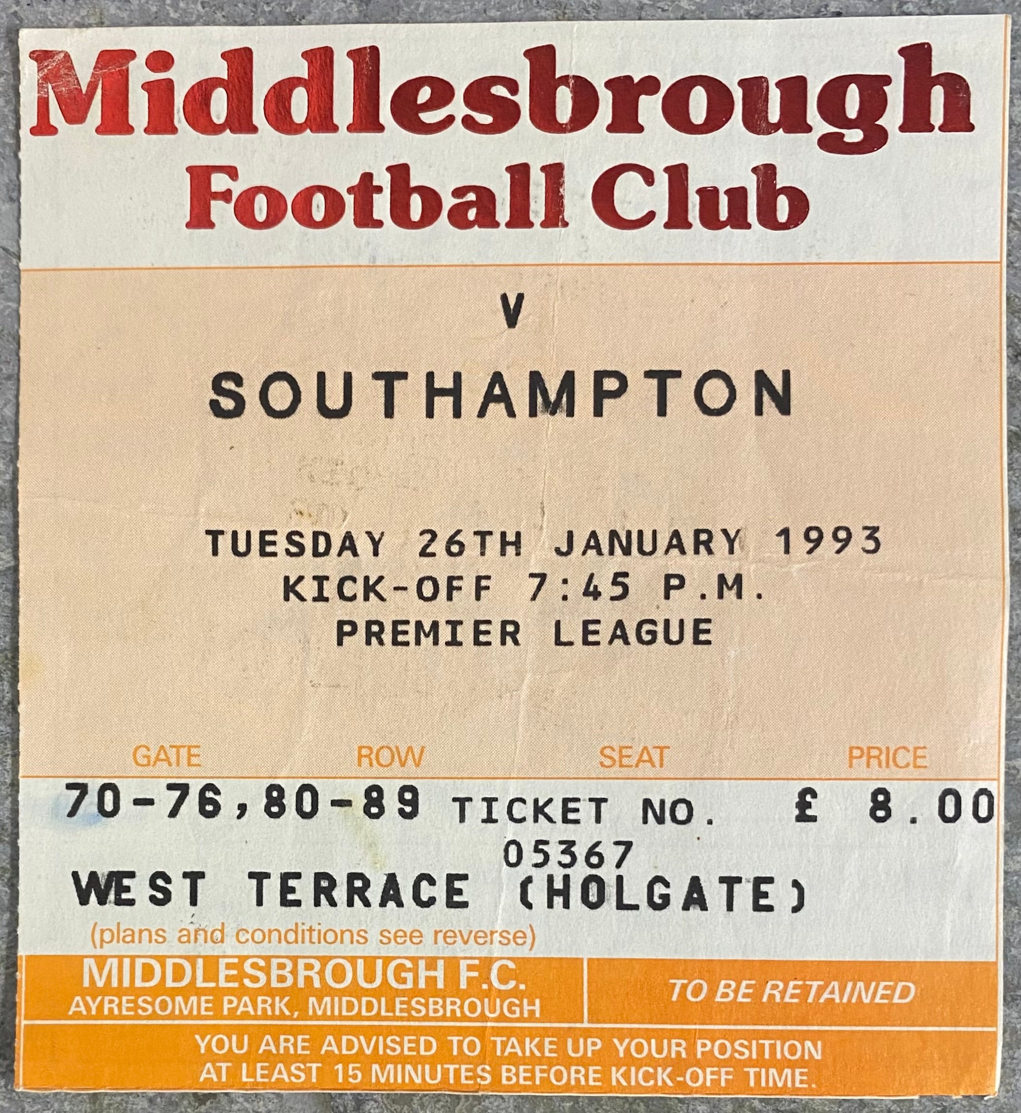 1992/93 ORIGINAL PREMIER LEAGUE TICKET MIDDLESBROUGH V SOUTHAMPTON