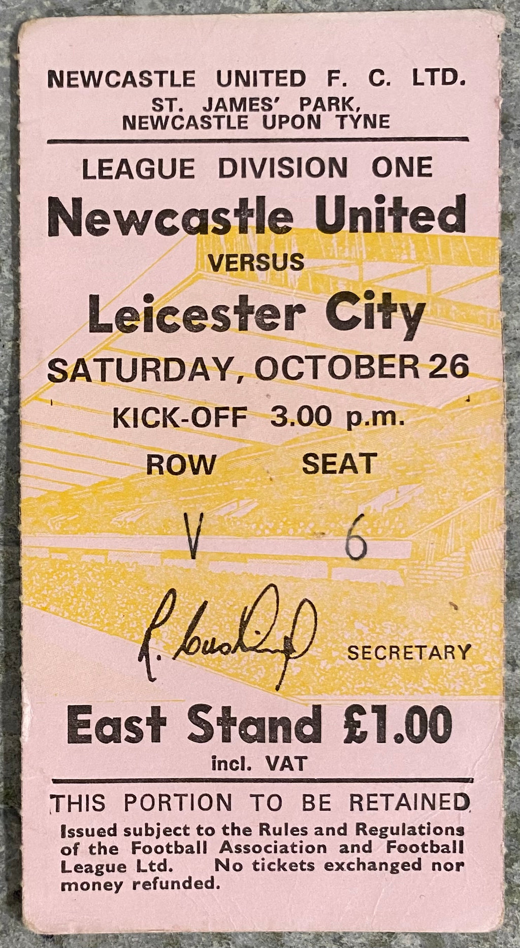 1974/75 ORIGINAL DIVISION 1 TICKET NEWCASTLE UNITED V LEICESTER CITY