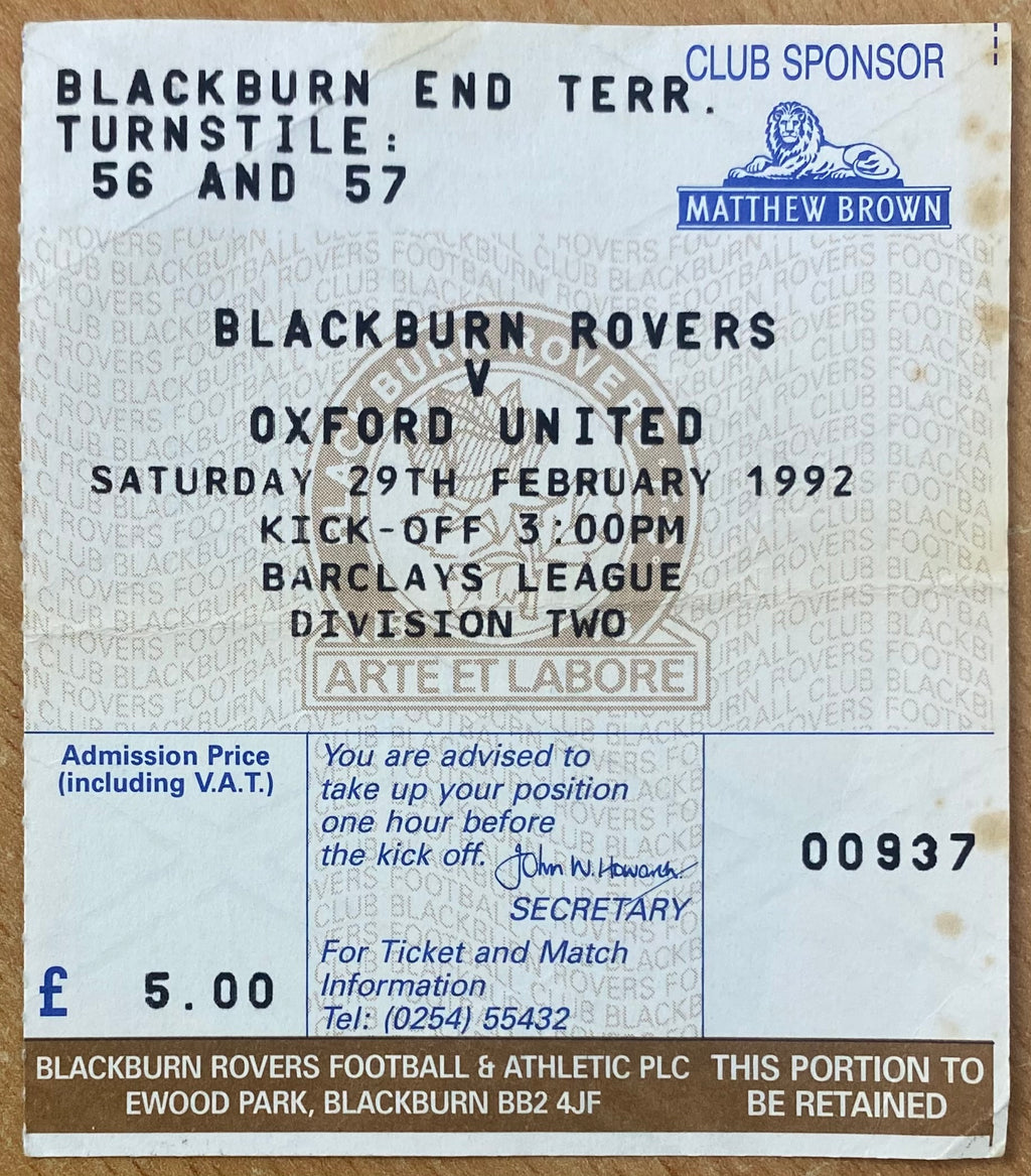 1991/92 ORIGINAL DIVISION 2 TICKET BLACKBURN ROVERS V OXFORD UNITED