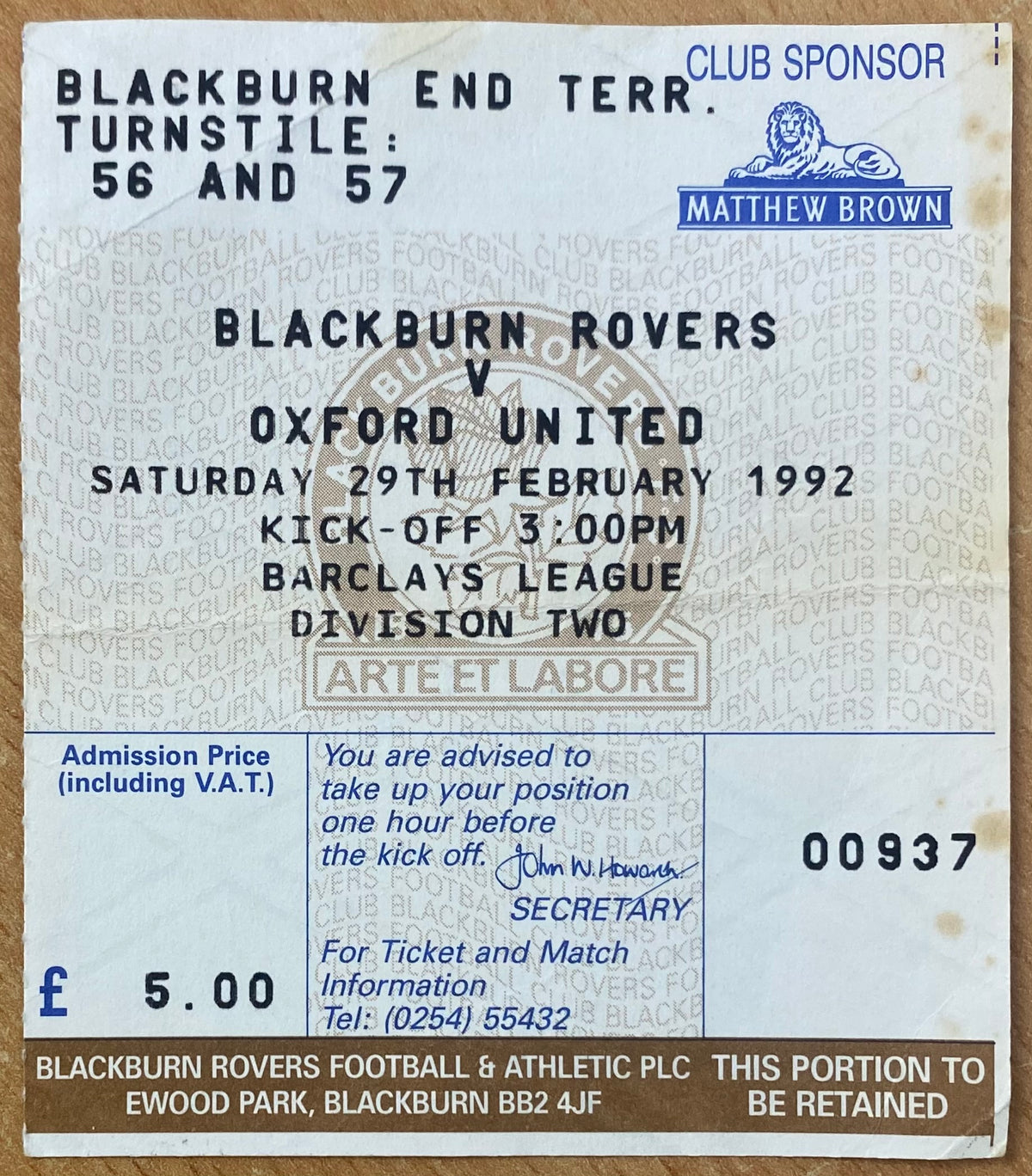 1991/92 ORIGINAL DIVISION 2 TICKET BLACKBURN ROVERS V OXFORD UNITED
