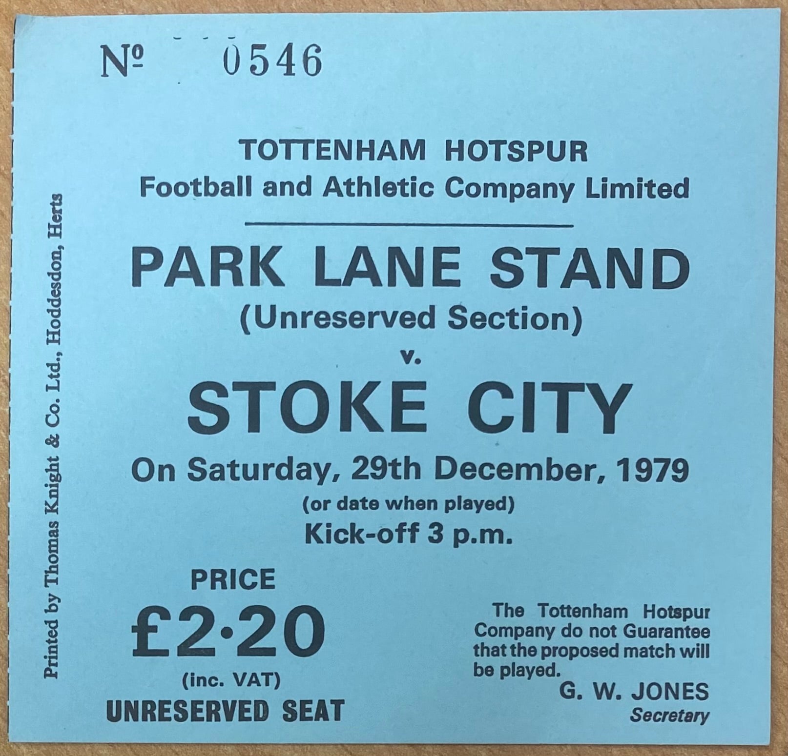 1979/80 ORIGINAL DIVISION ONE TICKET TOTTENHAM HOTSPUR V STOKE CITY