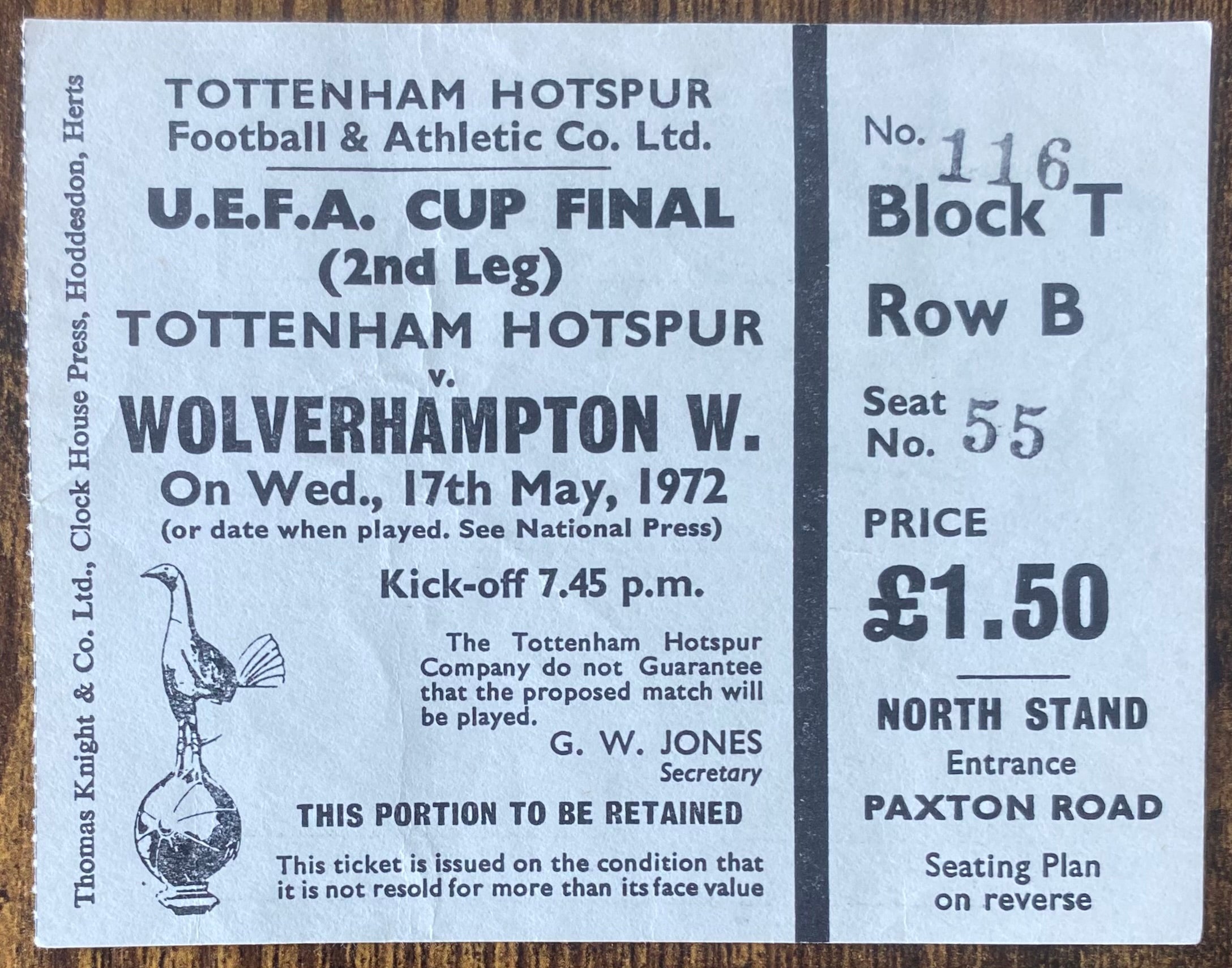 1971/72 ORIGINAL UEFA CUP FINAL 2ND LEG TICKET TOTTENHAM HOTSPUR V WOLVERHAMPTON WANDERERS