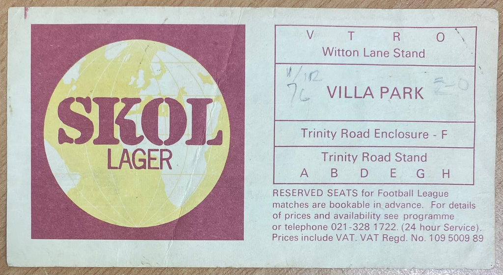 1976/77 ORIGINAL LEAGUE CUP 5TH ROUND TICKET ASTON VILLA V MILLWALL