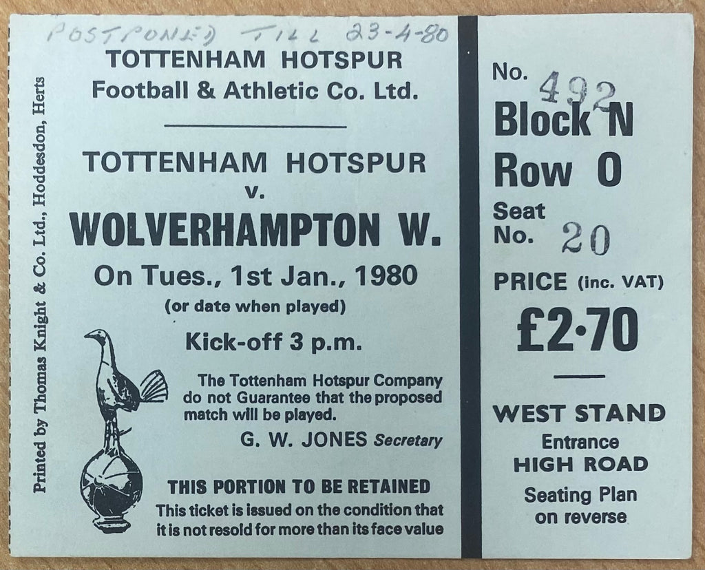 1979/80 ORIGINAL DIVISION ONE TICKET TOTTENHAM HOTSPUR V WOLVERHAMPTON WANDERERS