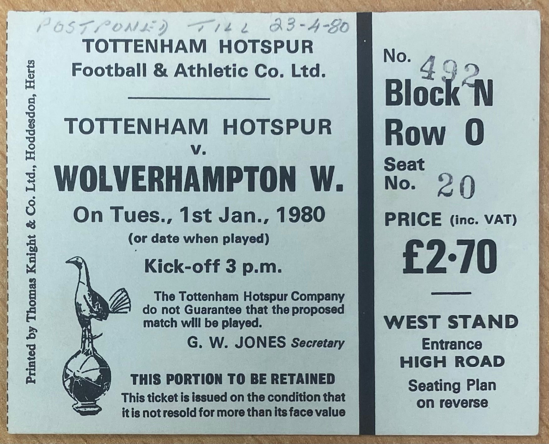 1979/80 ORIGINAL DIVISION ONE TICKET TOTTENHAM HOTSPUR V WOLVERHAMPTON WANDERERS
