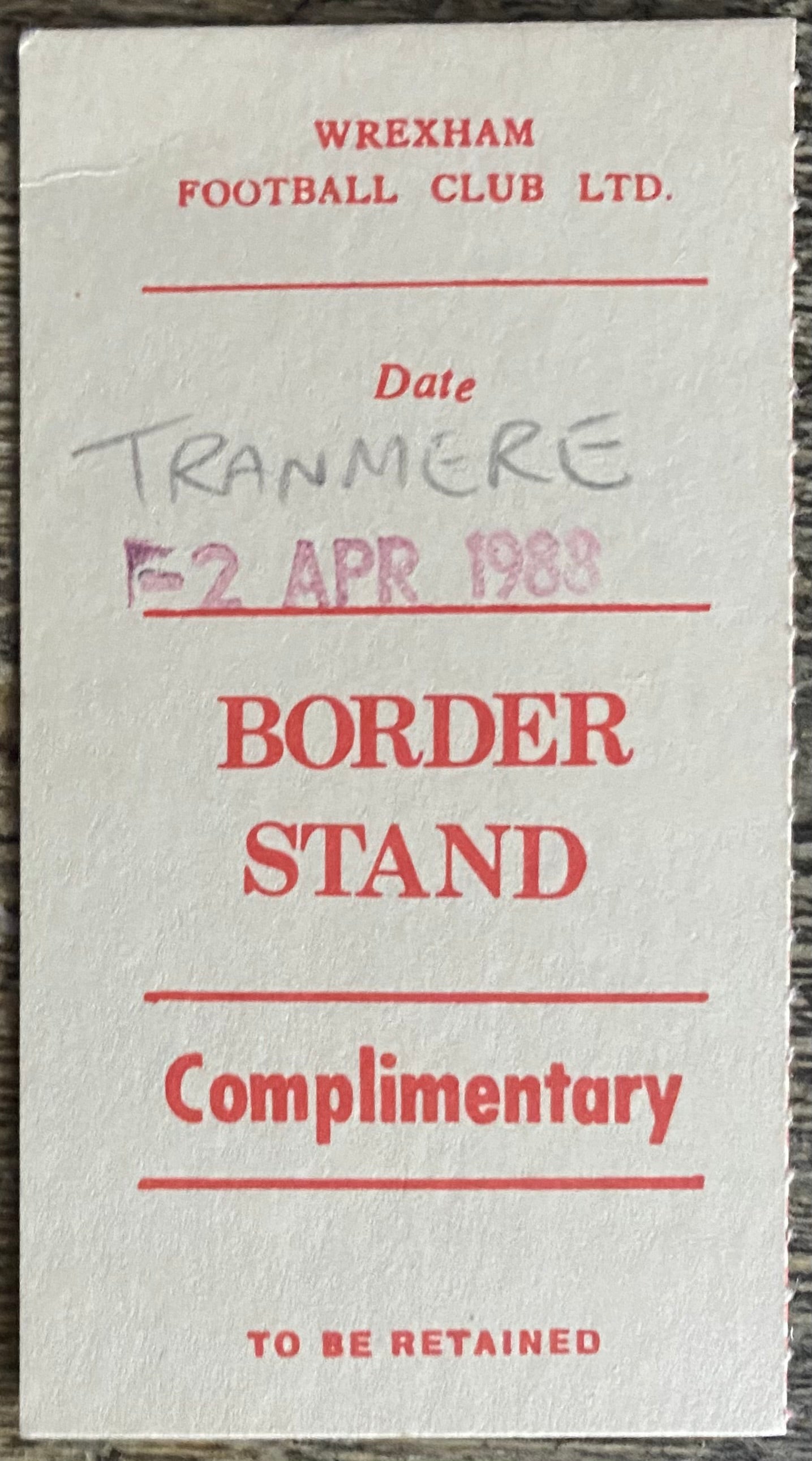 1987/88 ORIGINAL DIVISION 4 TICKET WREXHAM V TRANMERE ROVERS