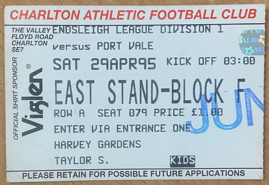 1994/95 ORIGINAL DIVISION 1 TICKET CHARLTON ATHLETIC V PORT VALE