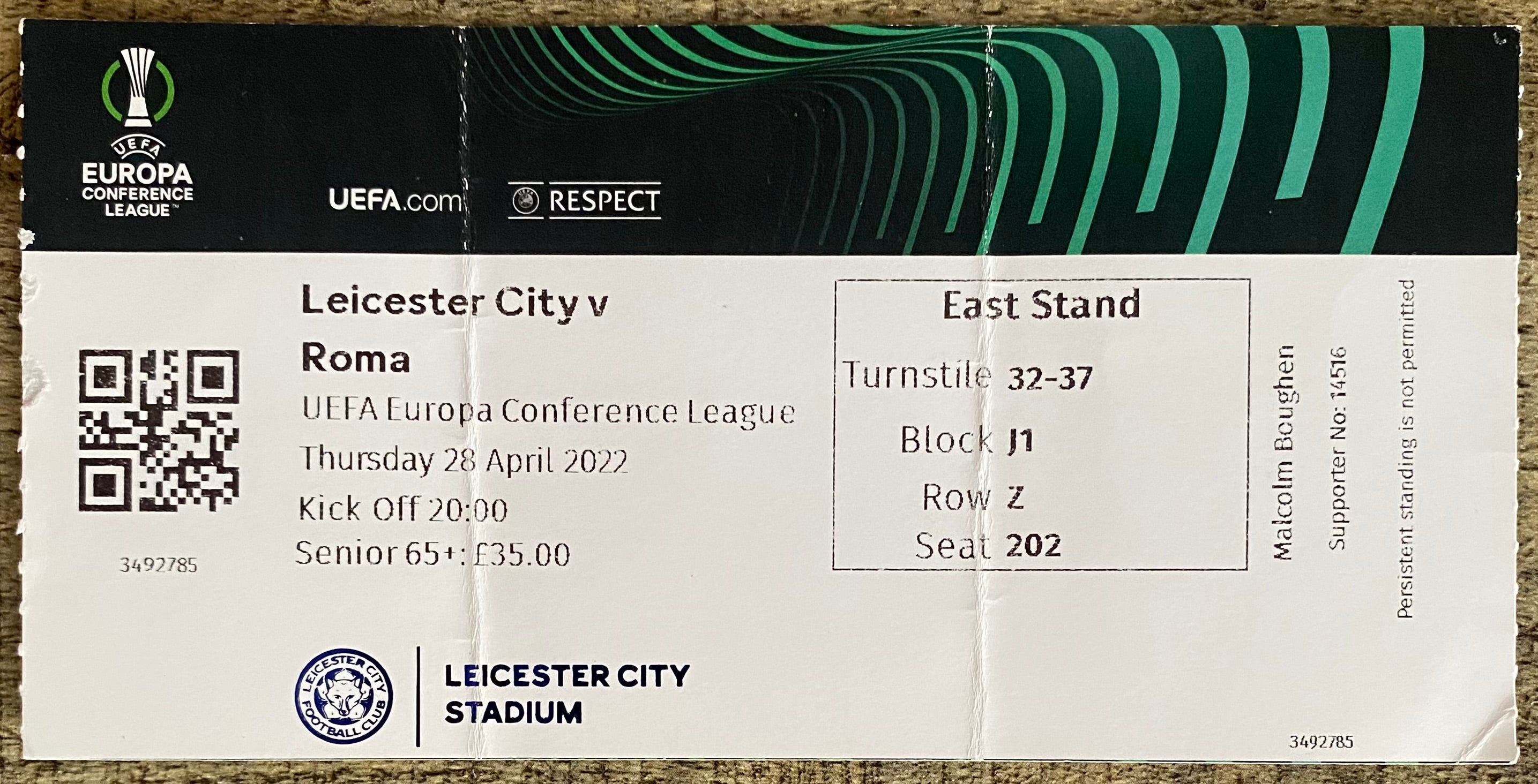 2021/22 ORIGINAL UEFA CONFERENCE LEAGUE  TICKET LEICESTER CITY V ROMA