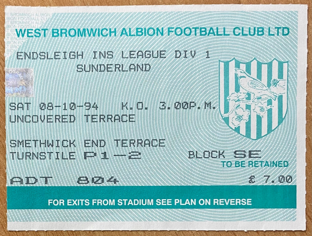1994/95 ORIGINAL DIVISION 1 TICKET WEST BROMWICH ALBION  V SUNDERLAND