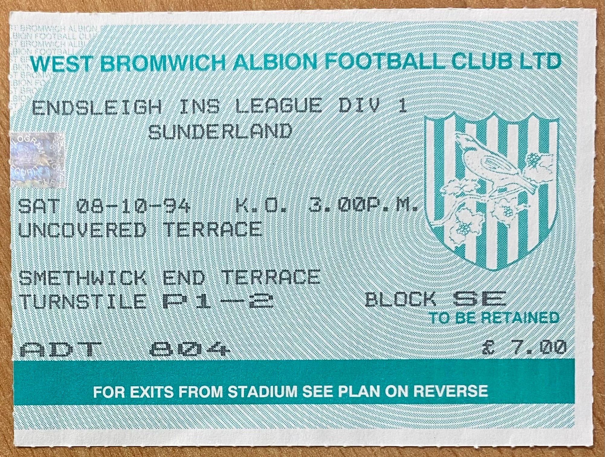 1994/95 ORIGINAL DIVISION 1 TICKET WEST BROMWICH ALBION  V SUNDERLAND