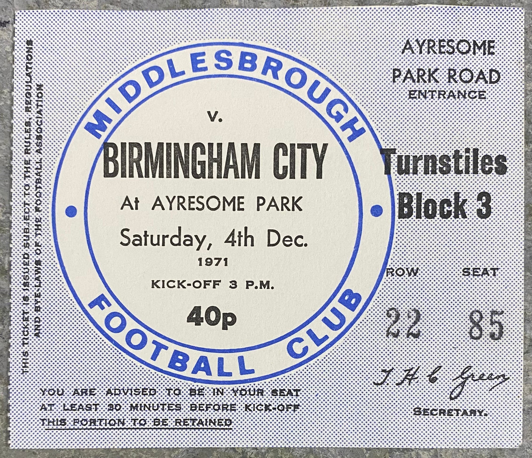 1971/72 ORIGINAL DIVISION 2 TICKET MIDDLESBROUGH V BIRMINGHAM CITY