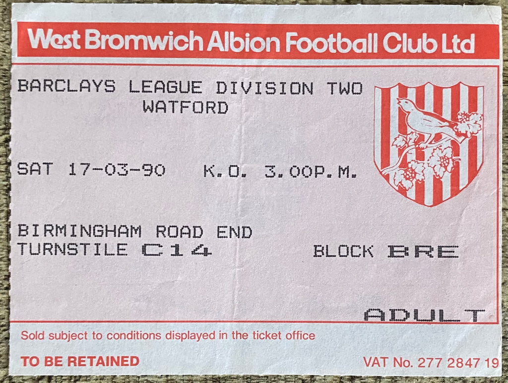 1989/90 ORIGINAL DIVISION 2 TICKET WEST BROMWICH ALBION V WATFORD