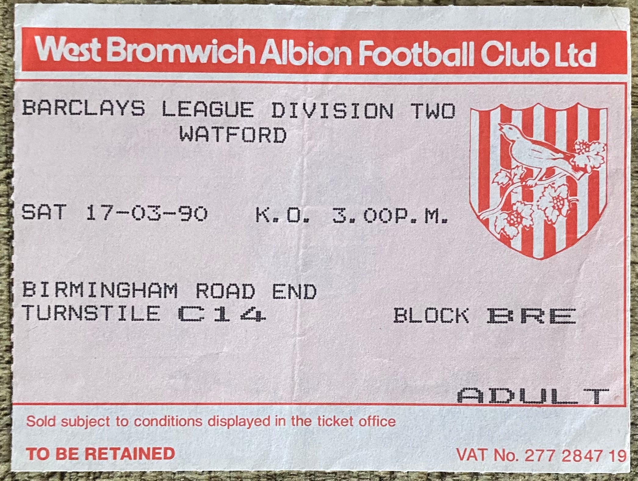 1989/90 ORIGINAL DIVISION 2 TICKET WEST BROMWICH ALBION V WATFORD