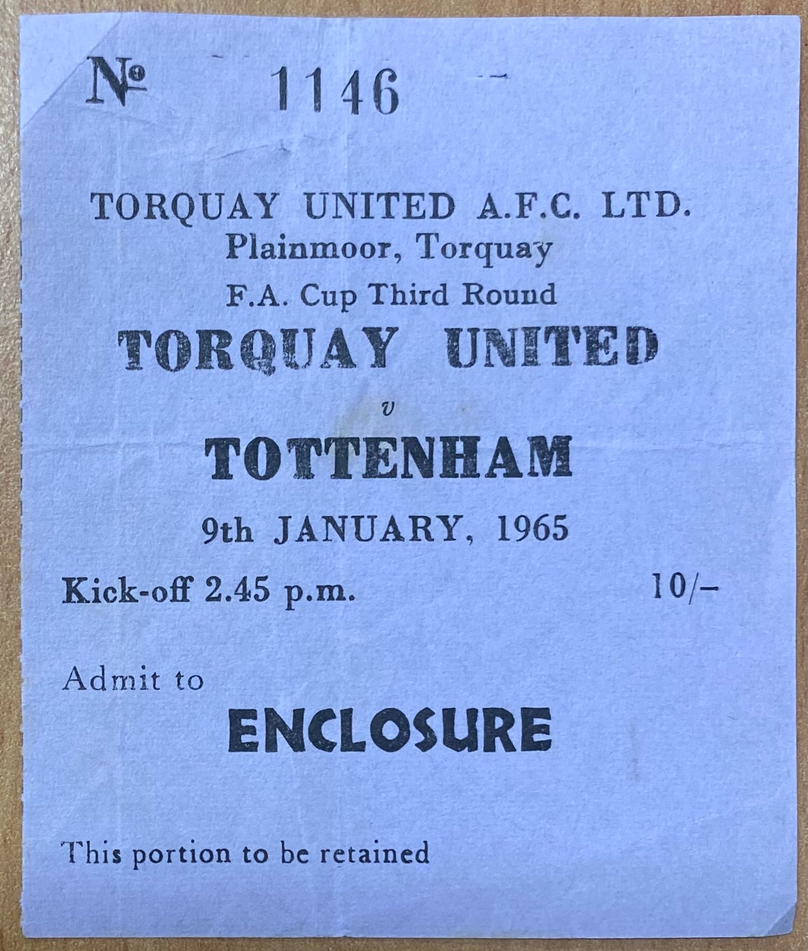 1964/65 ORIGINAL FA CUP 3RD ROUND TICKET TORQUAY UNITED V TOTTENHAM HOTSPUR
